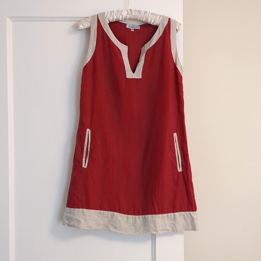 Umberto Carro Coral Pink and Cream Italian Linen Mini Dress